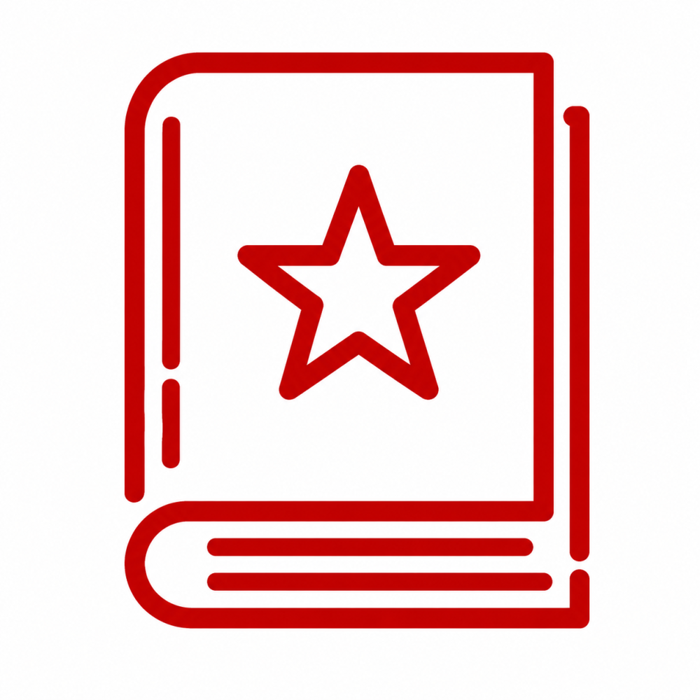 Red outline of a book with a star on the cover.