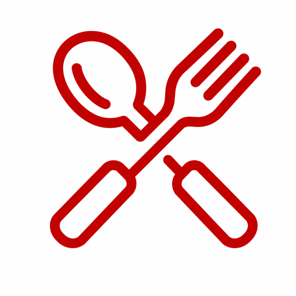 Red fork and spoon crossed icon on white background.