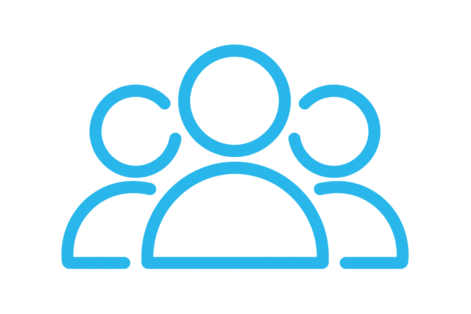 Icon of three blue outlined people, central figure larger.