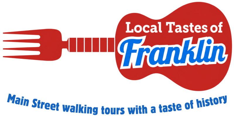 Red guitar shape with fork, text: Local Tastes of Franklin, Main Street walking tours with a taste of history.
