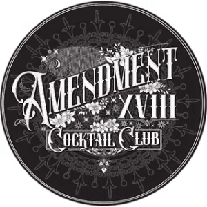 Vintage style logo: 'Amendment XVIII Cocktail Club' with floral design.